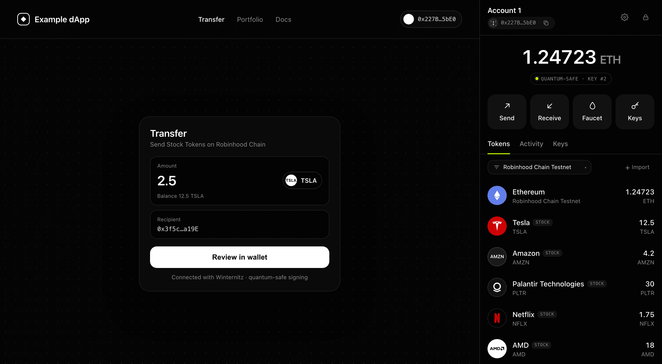 A dApp open in Chrome with the Winternitz wallet docked in the side panel